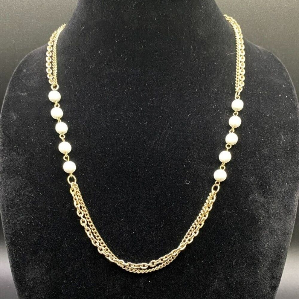 White Plastic Bead and Double Strand Gold Tone Chain Necklace